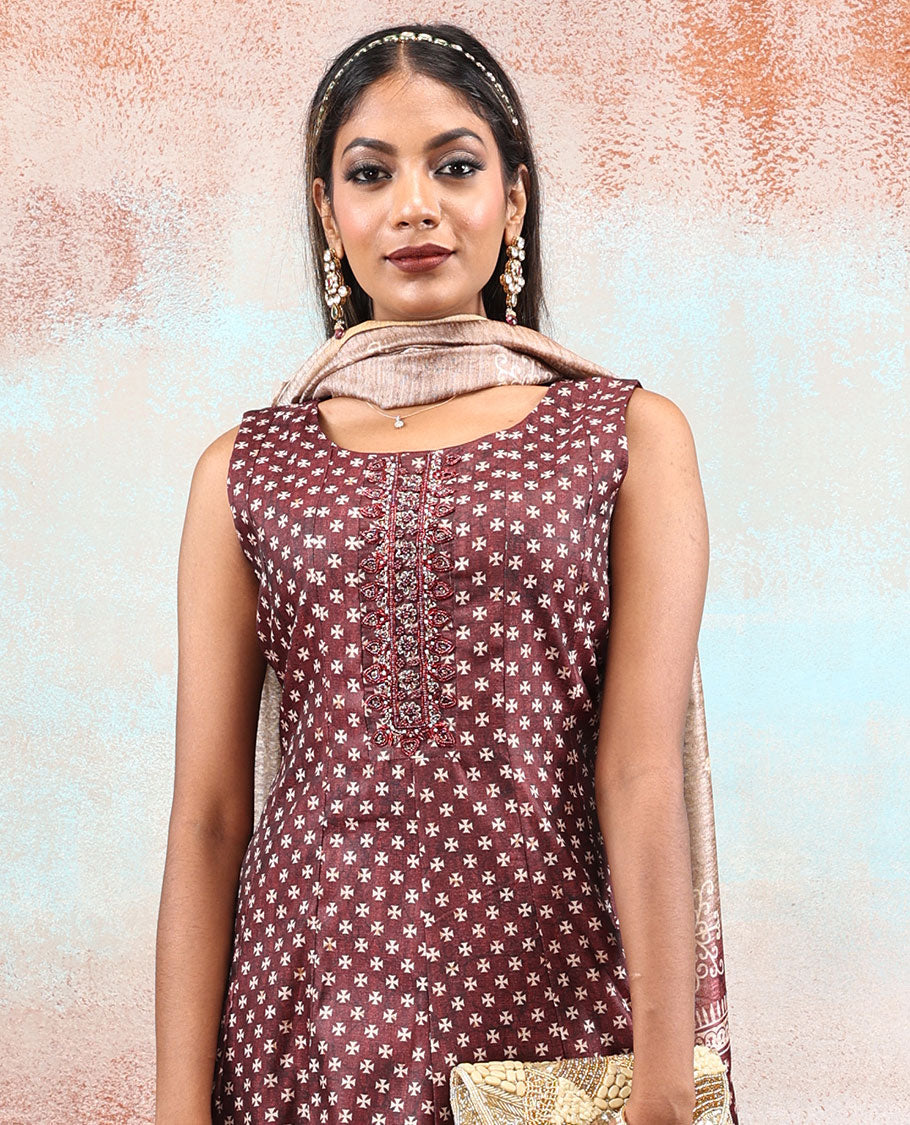 Dark wine red embroidered & tiny unique motif printed Chanderi Anarkali, contrast dupatta printed with intricate designs