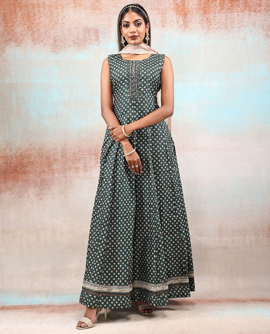 Dark forest green embroidered & unique motif printed Chanderi Anarkali, contrast dupatta printed with intricate designs