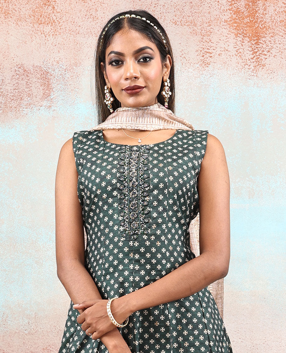 Dark forest green embroidered & unique motif printed Chanderi Anarkali, contrast dupatta printed with intricate designs