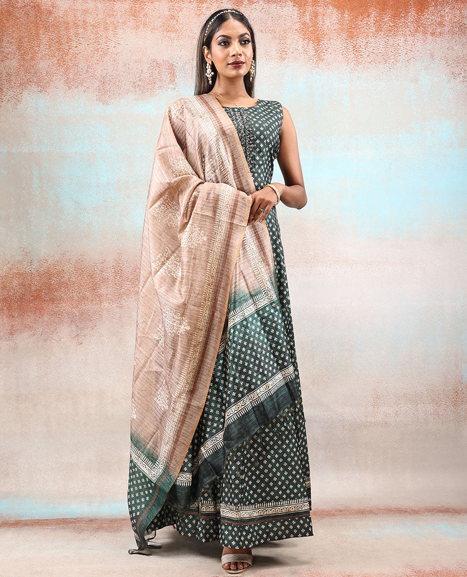 Dark forest green embroidered & unique motif printed Chanderi Anarkali, contrast dupatta printed with intricate designs