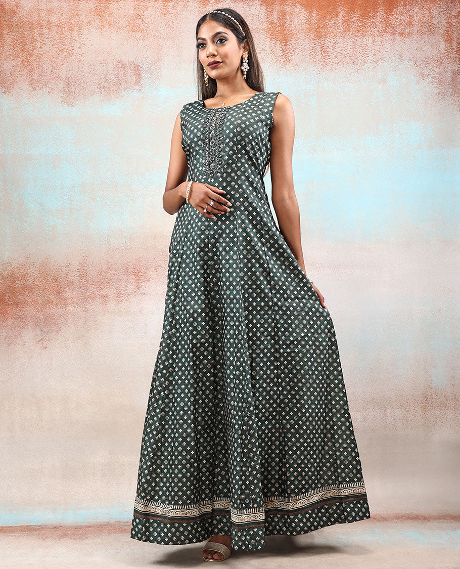 Dark forest green embroidered & unique motif printed Chanderi Anarkali, contrast dupatta printed with intricate designs