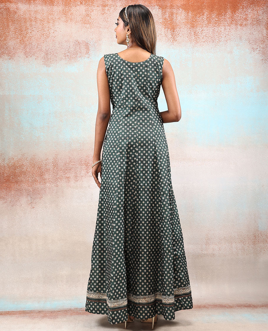 Dark forest green embroidered & unique motif printed Chanderi Anarkali, contrast dupatta printed with intricate designs