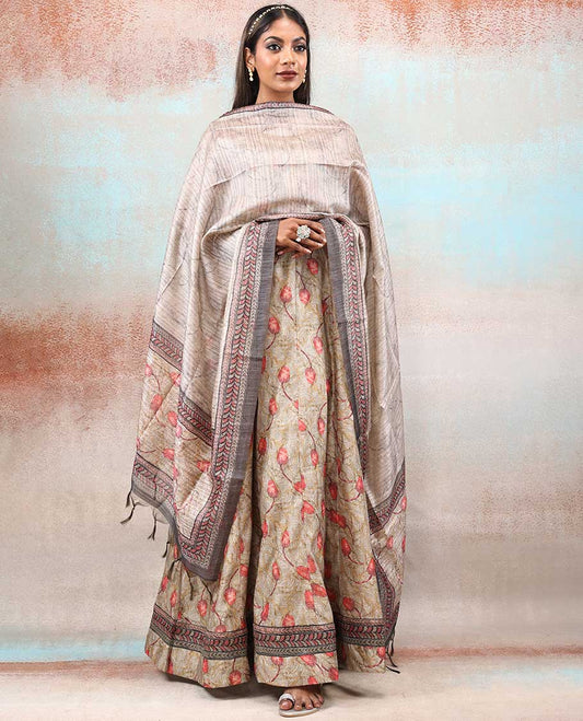 Beige chanderi printed anarkali features floral vine designs, contrast Chanderi dupatta of floral & geometric patterns 