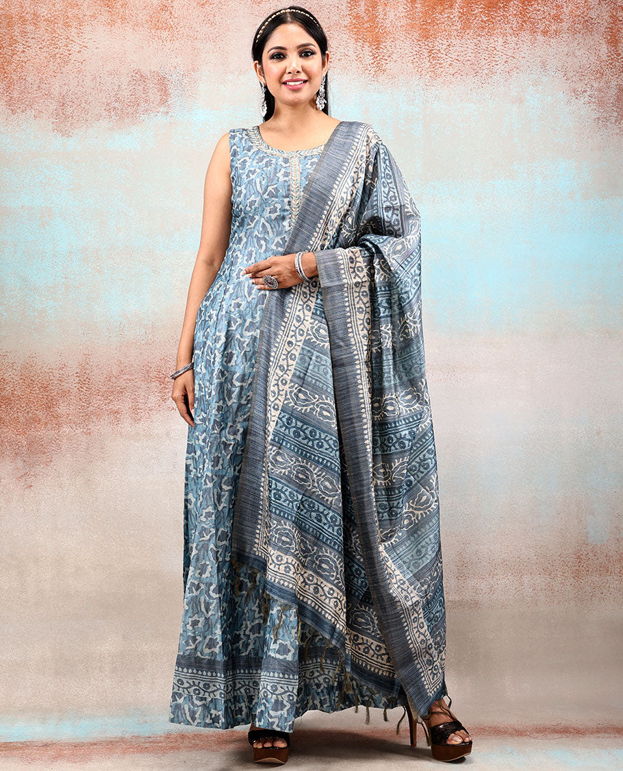 Pastel shade of ink blue colour chanderi anarkali printed with intricate & unique batik-style designs