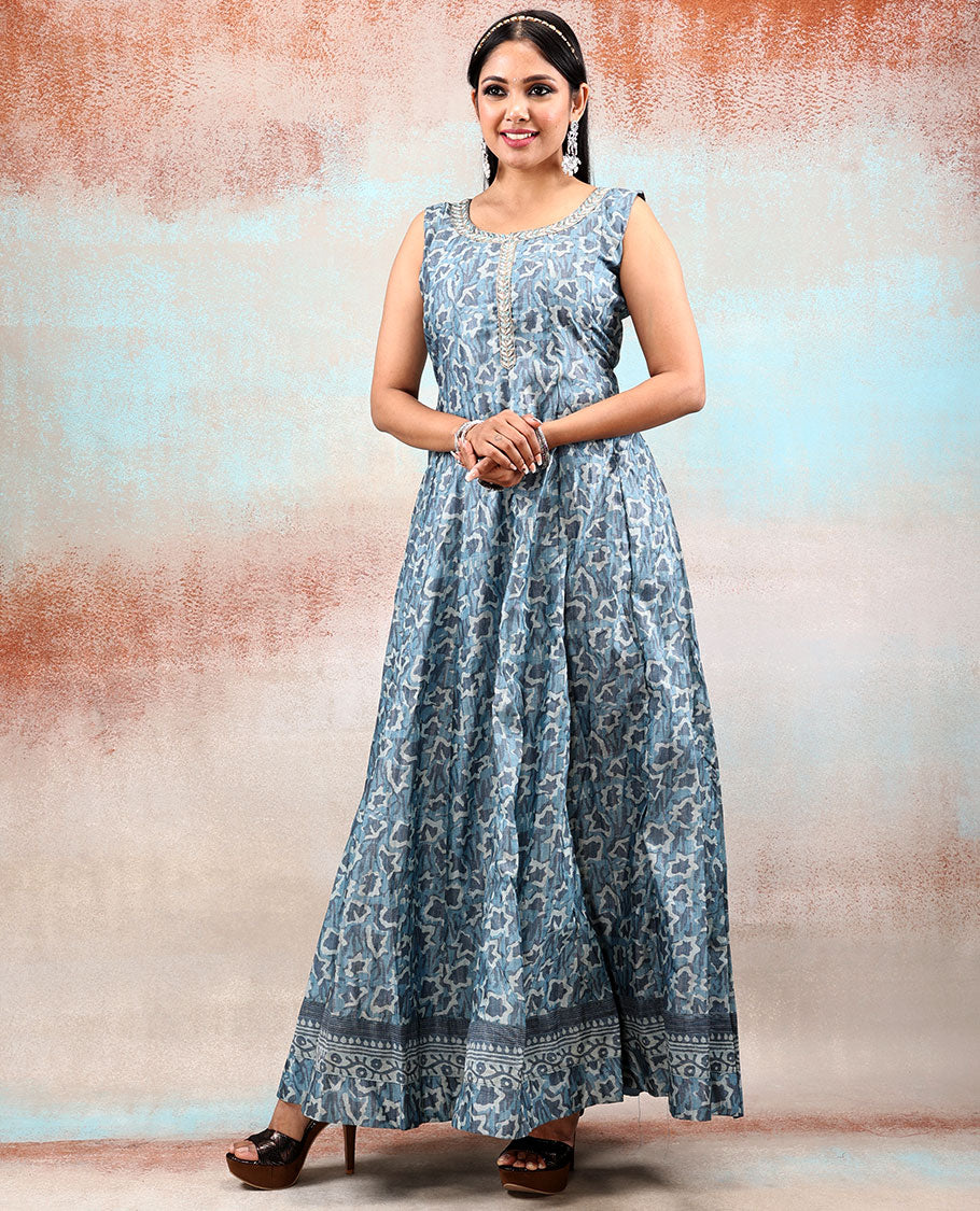 Pastel shade of ink blue colour chanderi anarkali printed with intricate & unique batik-style designs