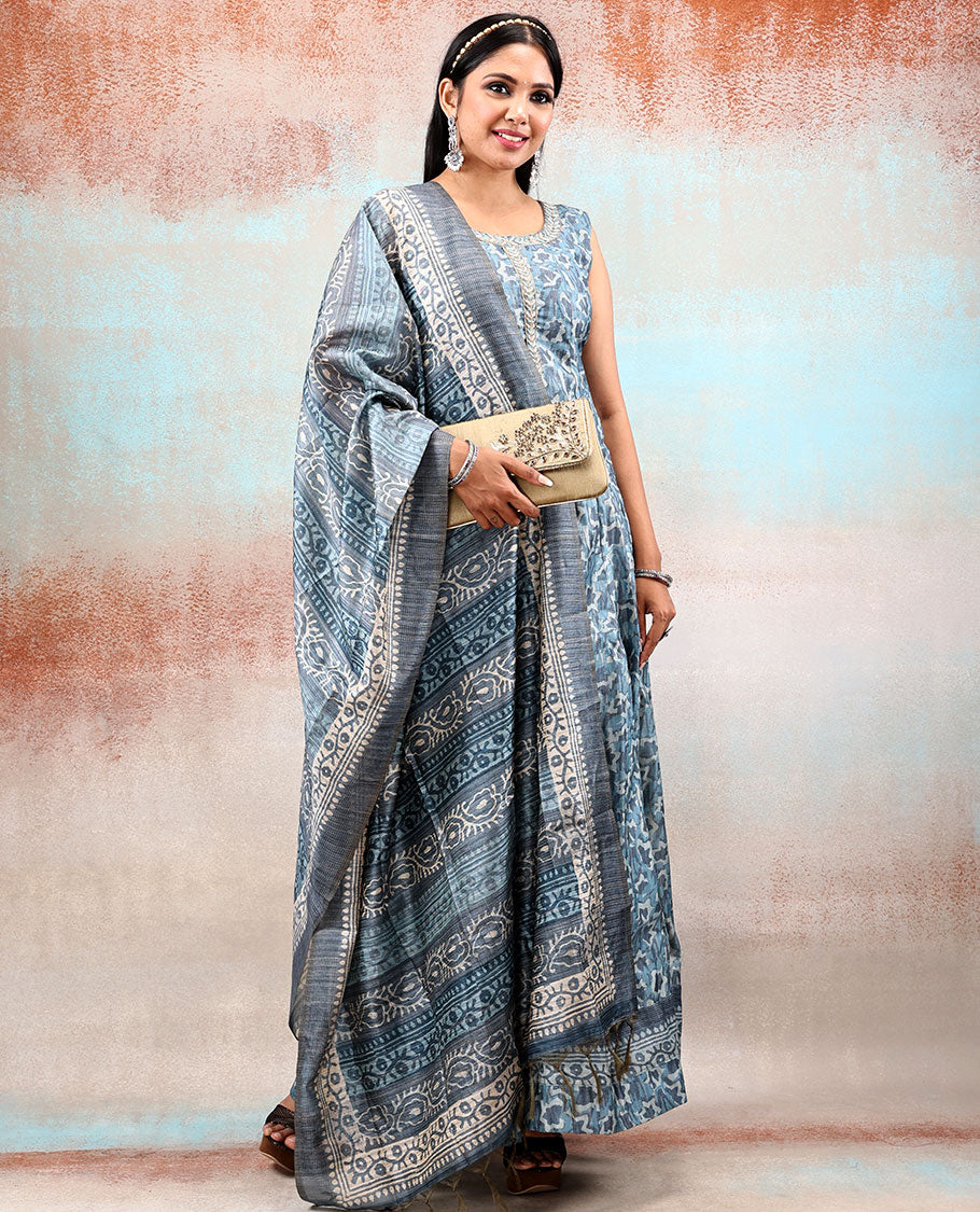 Pastel shade of ink blue colour chanderi anarkali printed with intricate & unique batik-style designs