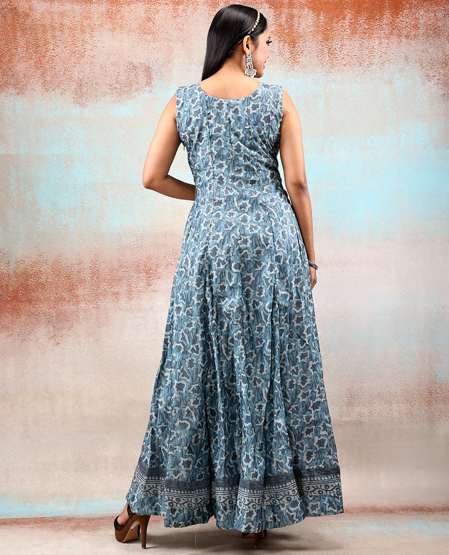 Pastel shade of ink blue colour chanderi anarkali printed with intricate & unique batik-style designs