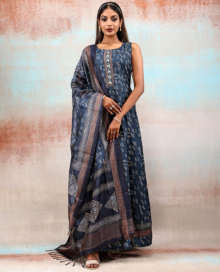 Dark blue uniquely & intricately printed silk cotton anarkali, chanderi printed dupatta features geometric patterns 