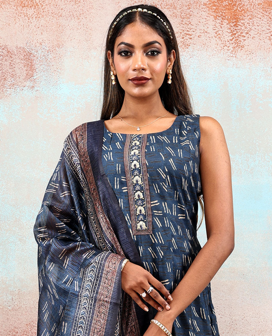 Dark blue uniquely & intricately printed silk cotton anarkali, chanderi printed dupatta features geometric patterns 