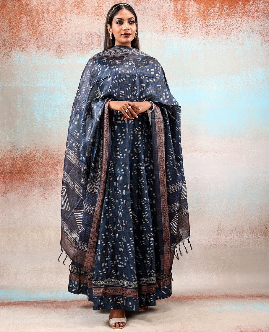 Dark blue uniquely & intricately printed silk cotton anarkali, chanderi printed dupatta features geometric patterns 