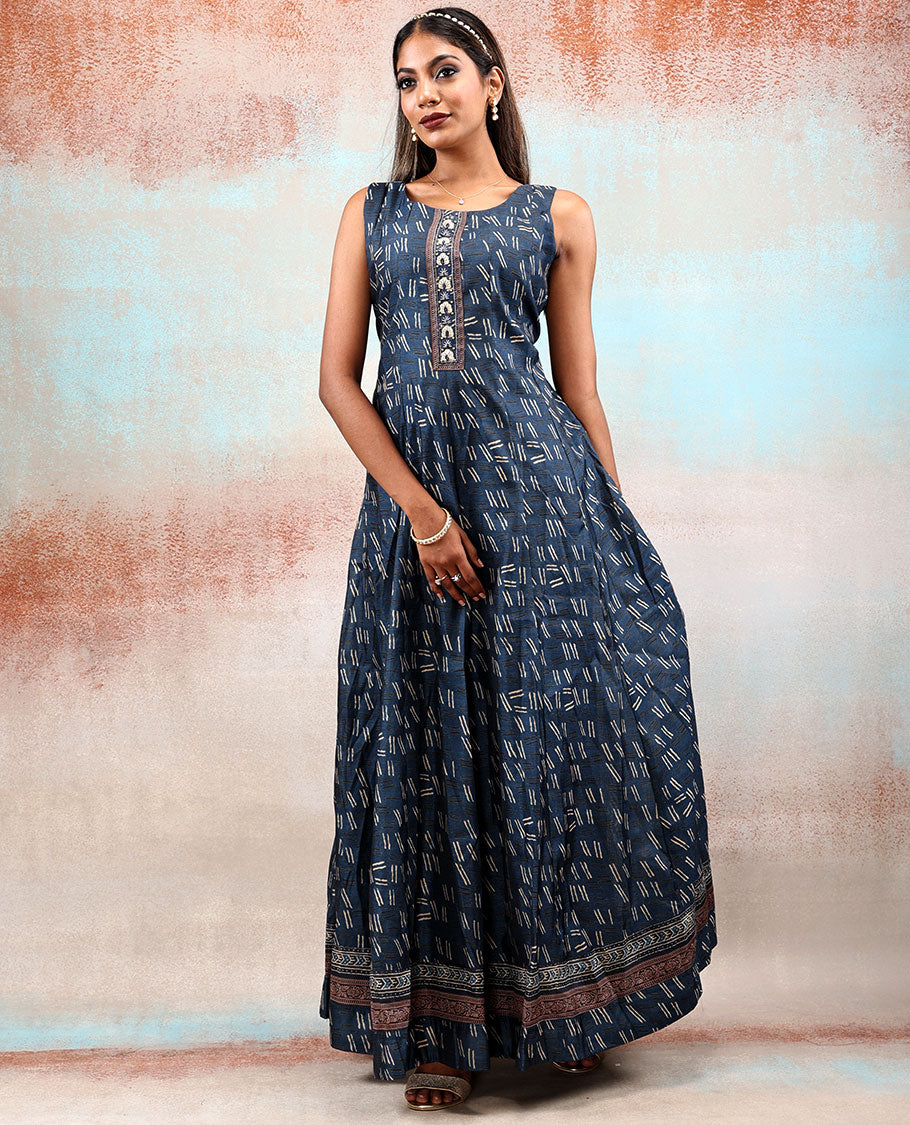 Dark blue uniquely & intricately printed silk cotton anarkali, chanderi printed dupatta features geometric patterns 