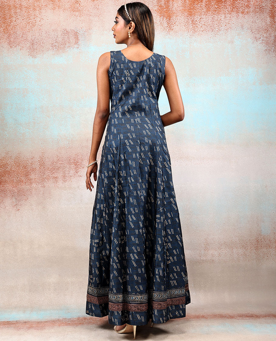Dark blue uniquely & intricately printed silk cotton anarkali, chanderi printed dupatta features geometric patterns 