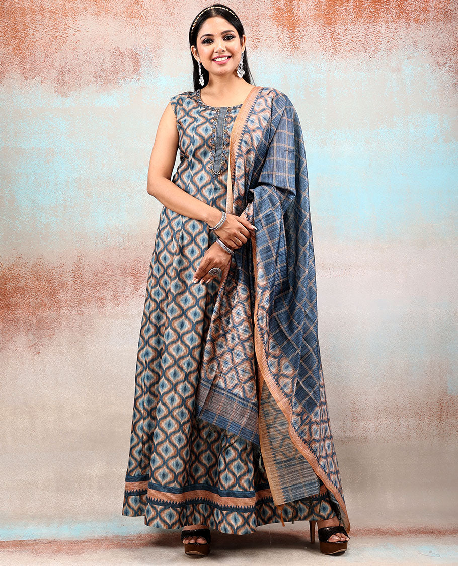 Blue printed chanderi anarkali features neck embroidery & intricate ogee patterns,checks & ogee patterns printed dupatta