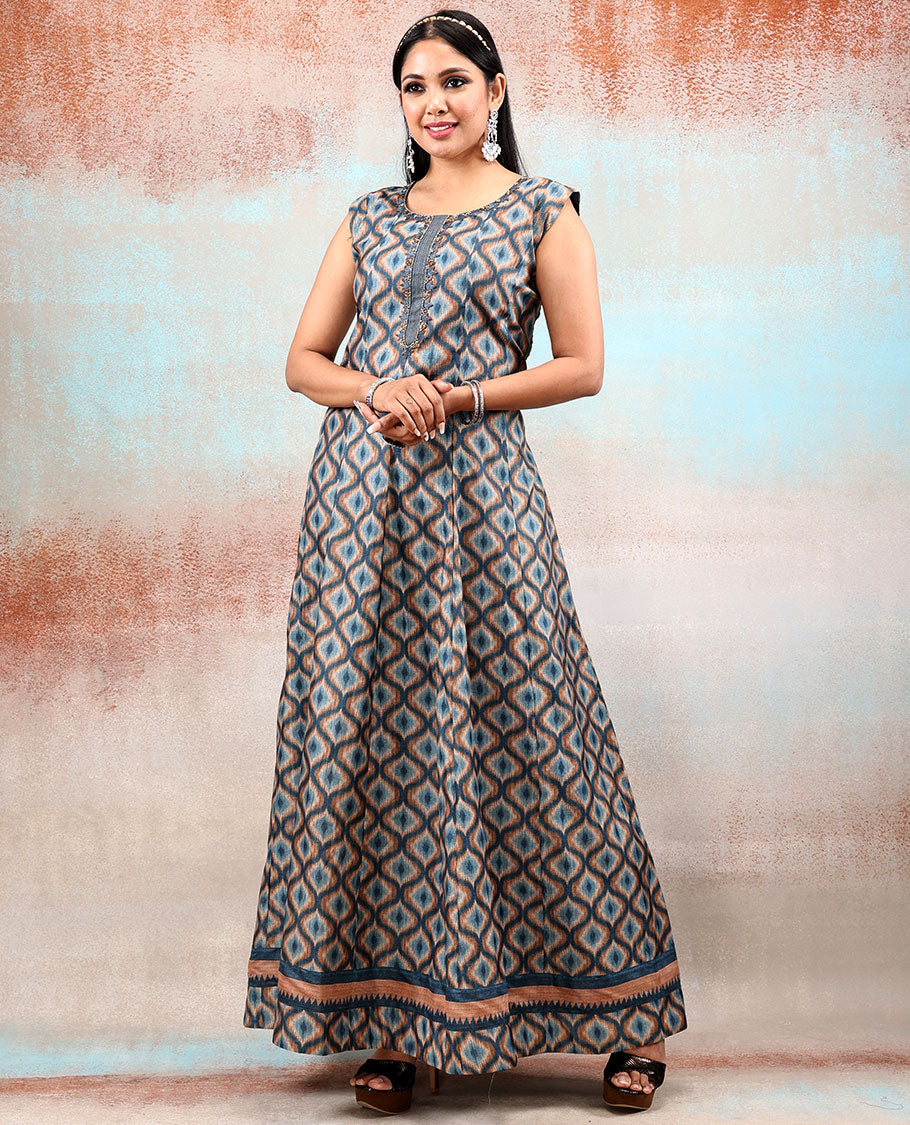 Blue printed chanderi anarkali features neck embroidery & intricate ogee patterns,checks & ogee patterns printed dupatta