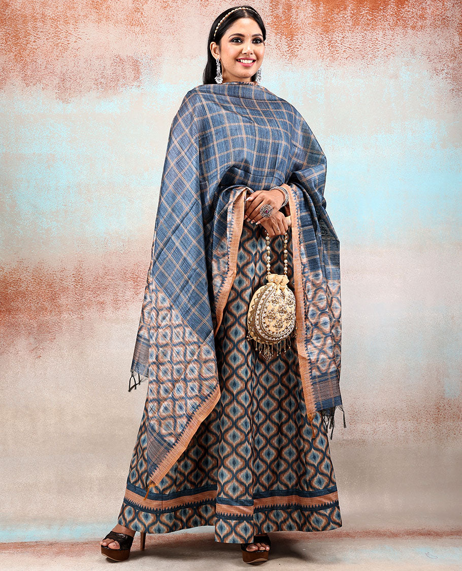 Blue printed chanderi anarkali features neck embroidery & intricate ogee patterns,checks & ogee patterns printed dupatta