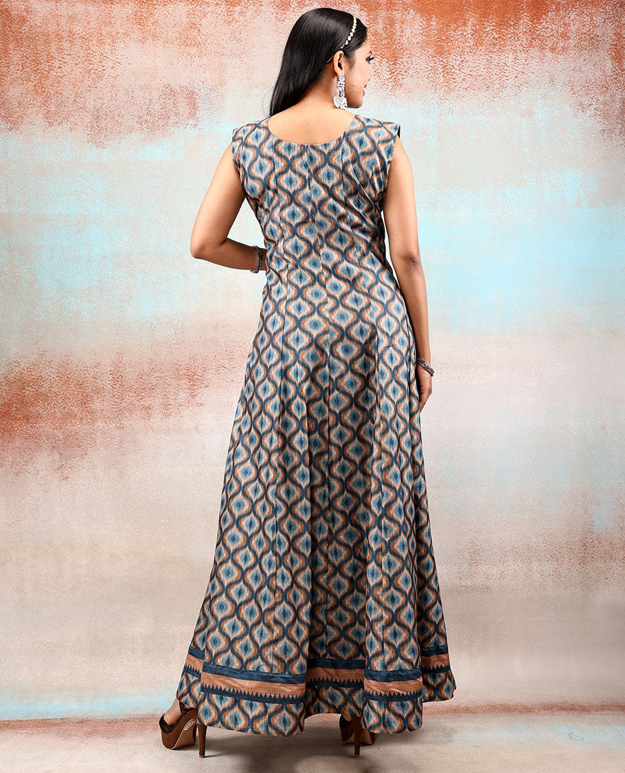 Blue printed chanderi anarkali features neck embroidery & intricate ogee patterns,checks & ogee patterns printed dupatta