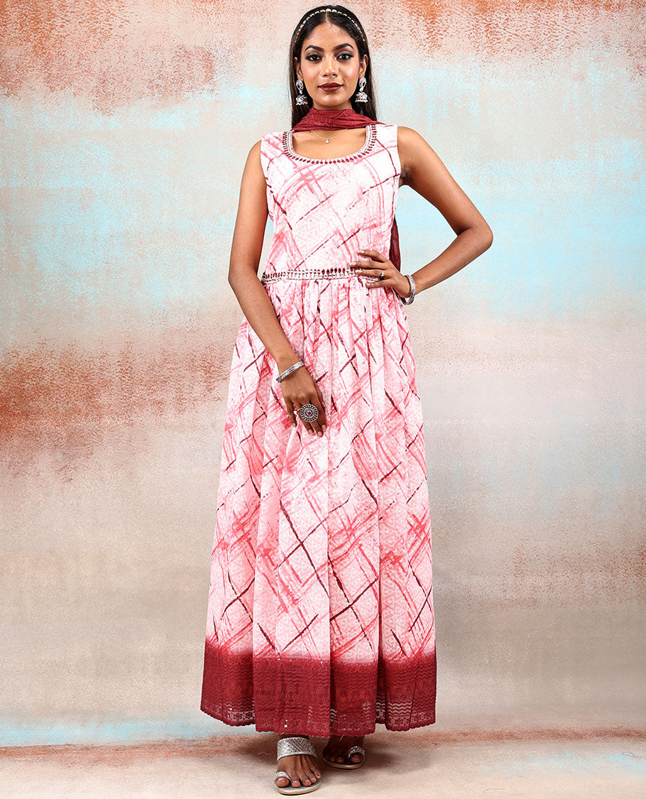 Pink shibori-style dyed & triangle design printed Georgette Anarkali,contrast down blouse & dupatta with embroidery work