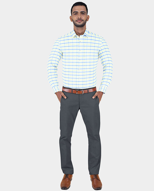 Reid & Taylor men's material set features a white checked cotton shirt & contrast polyester viscose pants 