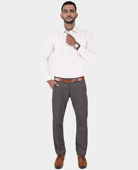Sungrace Mafatlal men's material set features a white medium checked cotton shirt & contrast polyester viscose pants 