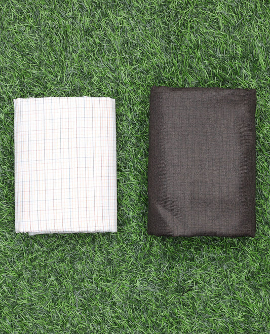 Sungrace Mafatlal men's material set features a white medium checked cotton shirt & contrast polyester viscose pants 