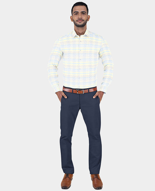 Reid & Taylor men's material set features a multi-color checked cotton shirt & contrast polyester viscose pants 