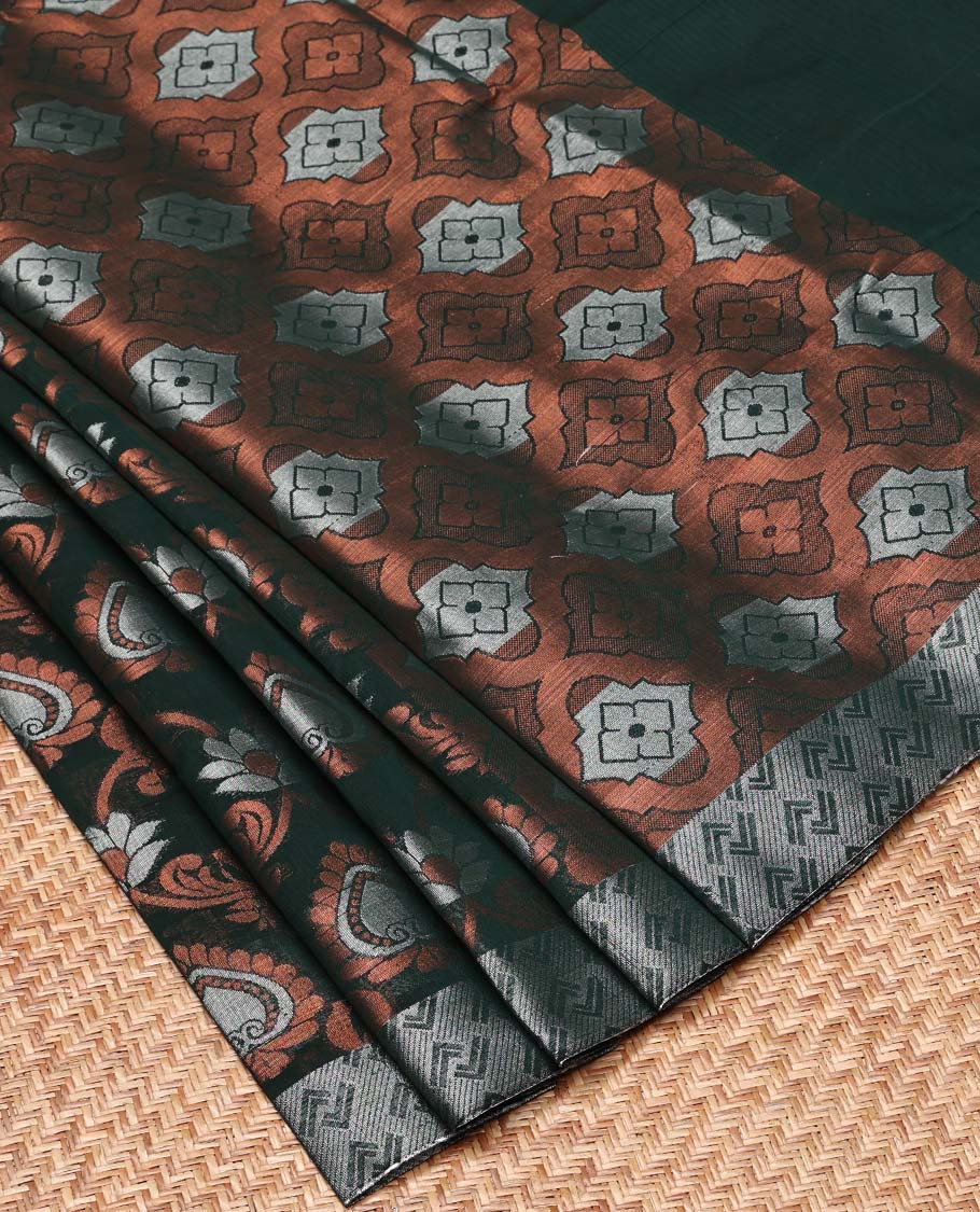 Dark Green Semi-Silk Cotton features floral ogee patterns on its body,
