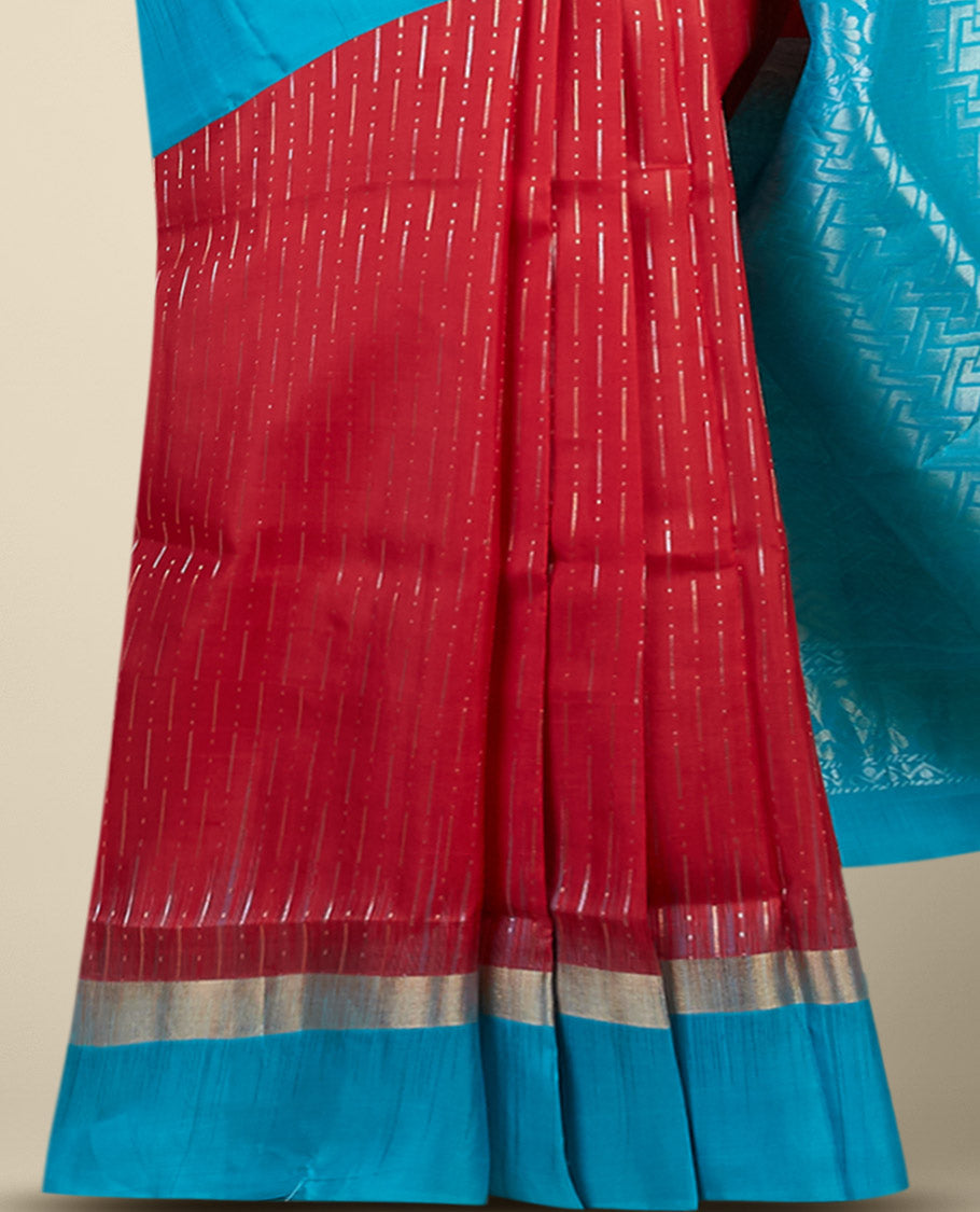 Red soft silk saree with tiny zari buttas on its body, contrast double-side zari border & intricate pallu 