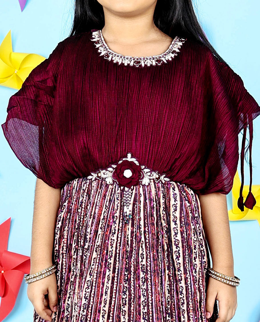 Burgundy intricately printed & embroidered butterfly sleeve chiffon gown