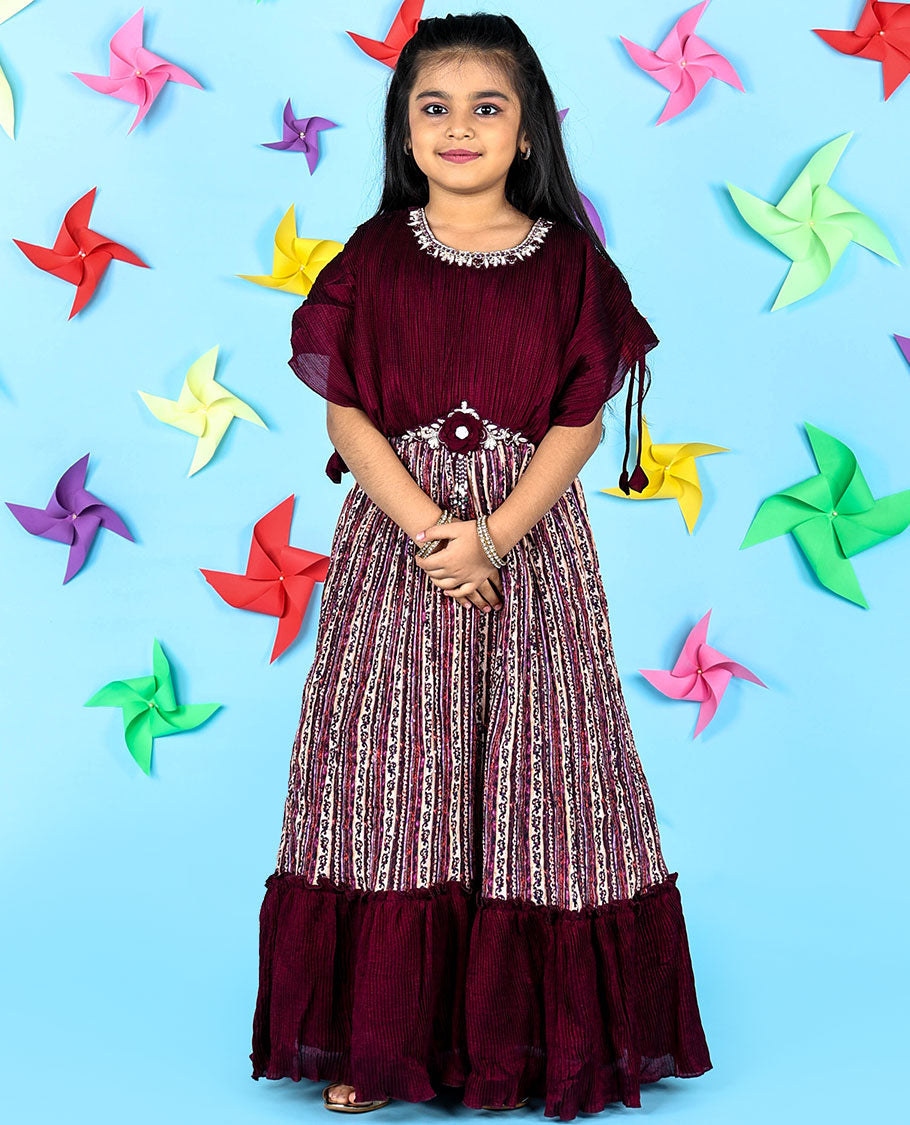 Burgundy intricately printed & embroidered butterfly sleeve chiffon gown