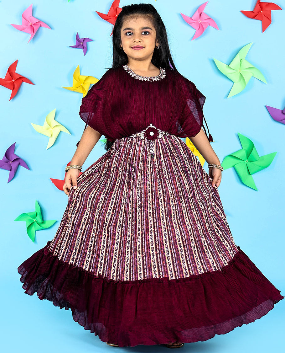 Burgundy intricately printed & embroidered butterfly sleeve chiffon gown