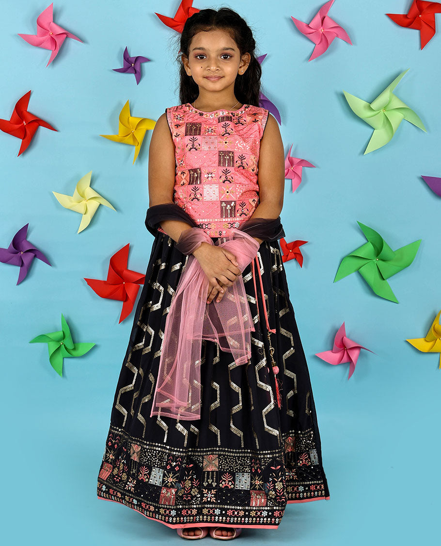 Pale pink & black georgette Cholly set,intricate thread & sequin embroidery crop top & skirt & double-colour net dupatta