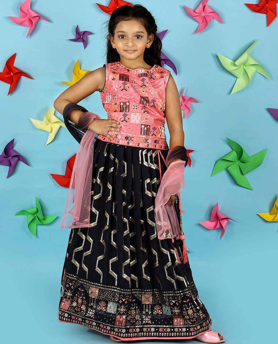 Pale pink & black georgette Cholly set,intricate thread & sequin embroidery crop top & skirt & double-colour net dupatta