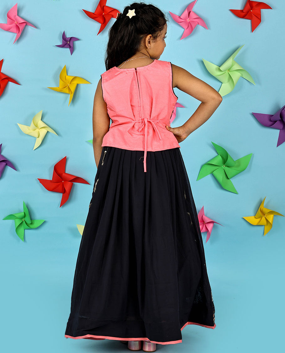 Pale pink & black georgette Cholly set,intricate thread & sequin embroidery crop top & skirt & double-colour net dupatta