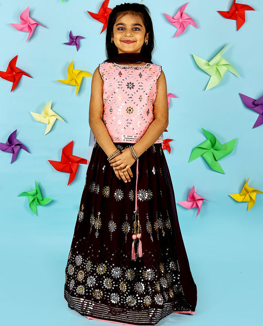 Strawberry pink georgette cholly set, intricate thread & sequin embroidered crop top & skirt & double-colour net dupatta