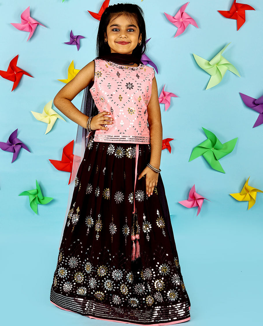 Strawberry pink georgette cholly set, intricate thread & sequin embroidered crop top & skirt & double-colour net dupatta