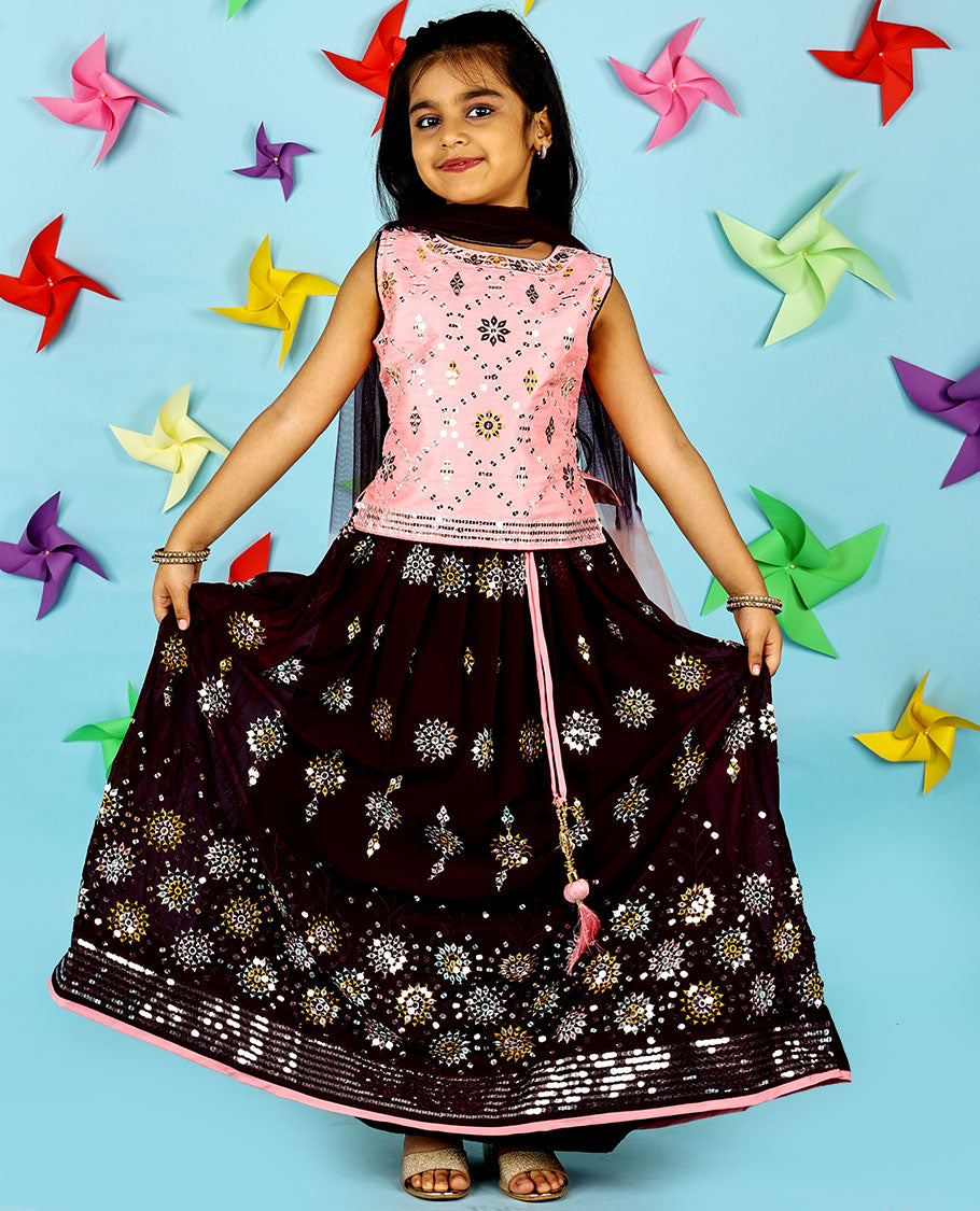 Strawberry pink georgette cholly set, intricate thread & sequin embroidered crop top & skirt & double-colour net dupatta