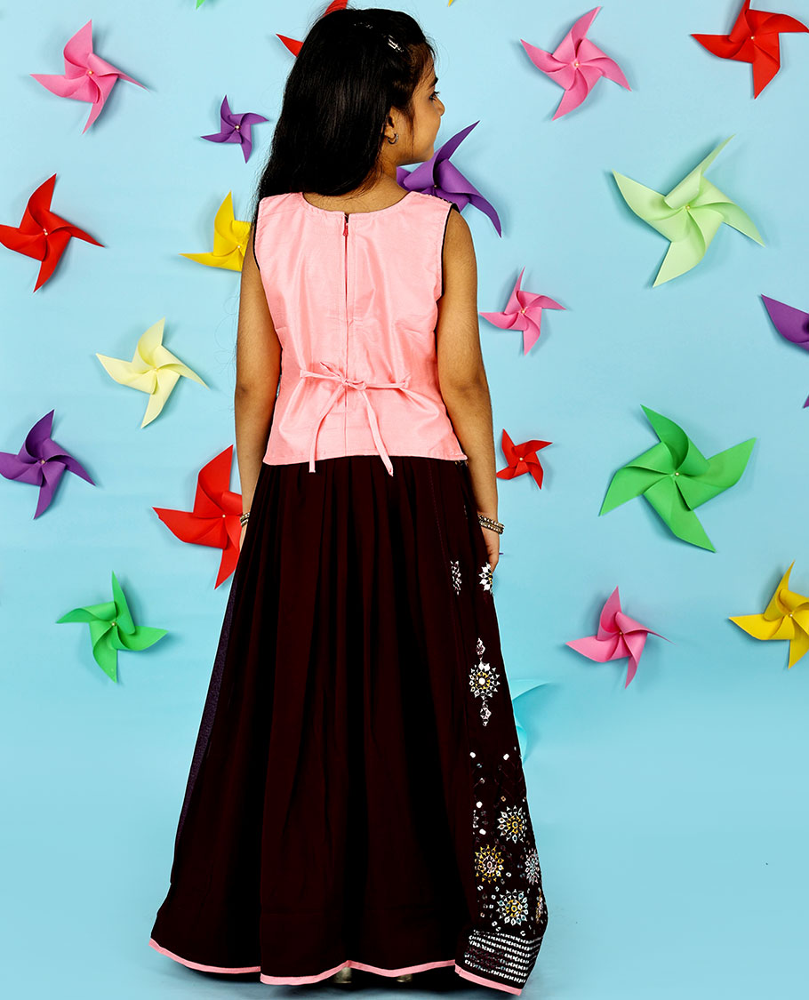Strawberry pink georgette cholly set, intricate thread & sequin embroidered crop top & skirt & double-colour net dupatta
