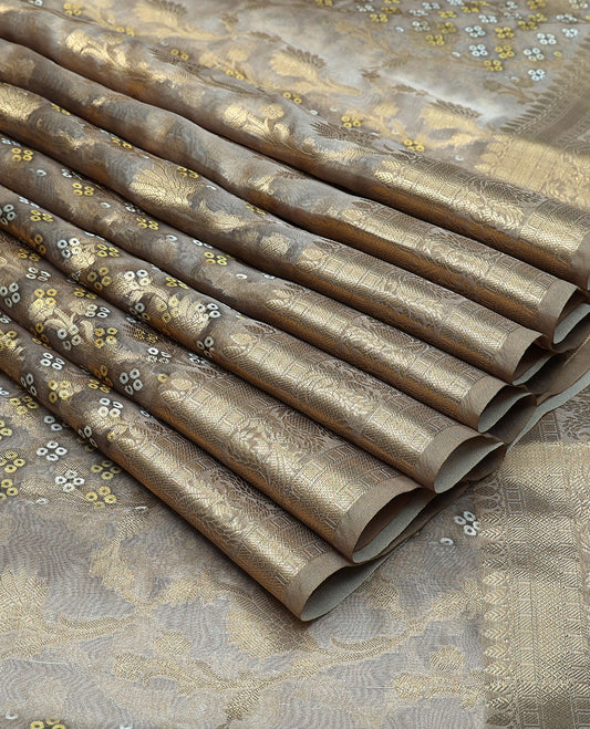 Beige jacquard semi-raw silk multi-use material features floral jaal design & bandhani polka dots