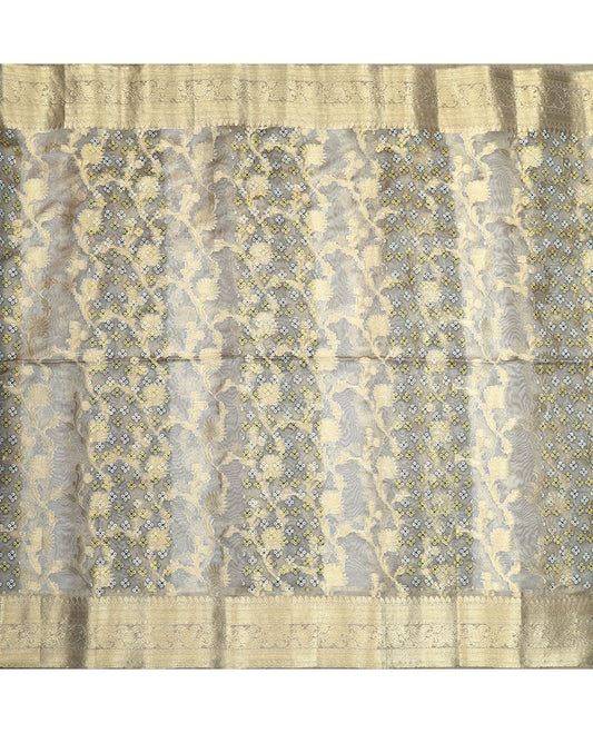 Beige jacquard semi-raw silk multi-use material features floral jaal design & bandhani polka dots