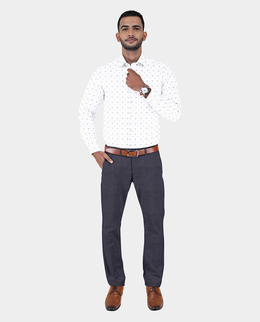 Arvind men's material set combo features 2 white micro-motifs printed cotton shirts & 2 contrast polyester viscose pants