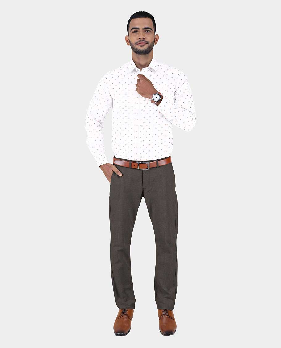 Arvind men's material set combo features 2 white micro-motifs printed cotton shirts & 2 contrast polyester viscose pants