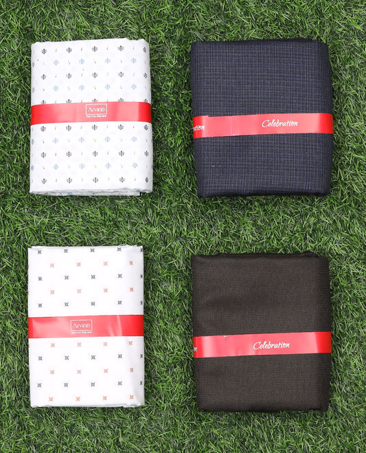 Arvind men's material set combo features 2 white micro-motifs printed cotton shirts & 2 contrast polyester viscose pants