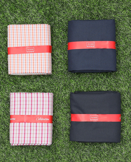 Arvind men's material set combo features 2 multi-colour checked cotton shirts & 2 contrast polyester viscose pants