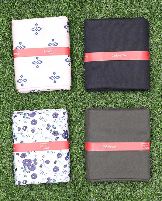 Arvind men's material set features unique motifs & floral printed cotton shirts & 2 contrast polyester viscose pants