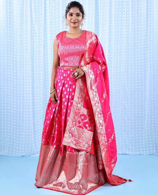 Fuschia banarasi readymade lehenga, floral jaal crop top, paisley motifs & intricate jacquard skirt & banarasi dupatta