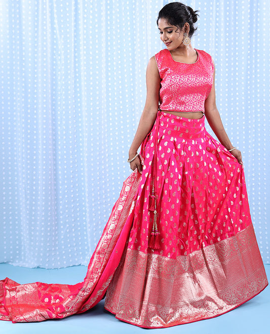 Fuschia banarasi readymade lehenga, floral jaal crop top, paisley motifs & intricate jacquard skirt & banarasi dupatta