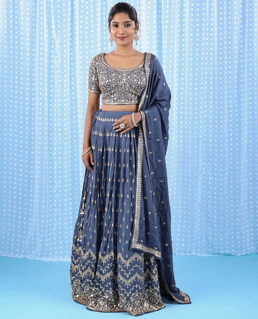 Blue georgette readymade lehenga,intricate chamki embroidery floral design croptop,heavy work skirt & embroidery dupatta