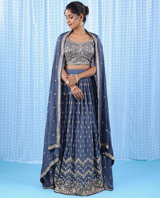 Blue georgette readymade lehenga,intricate chamki embroidery floral design croptop,heavy work skirt & embroidery dupatta