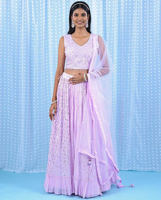 Pale pink georgette readymade lehenga with chamki,mirror,sugar bead & stone embroidery V-neck crop top & intricate skirt