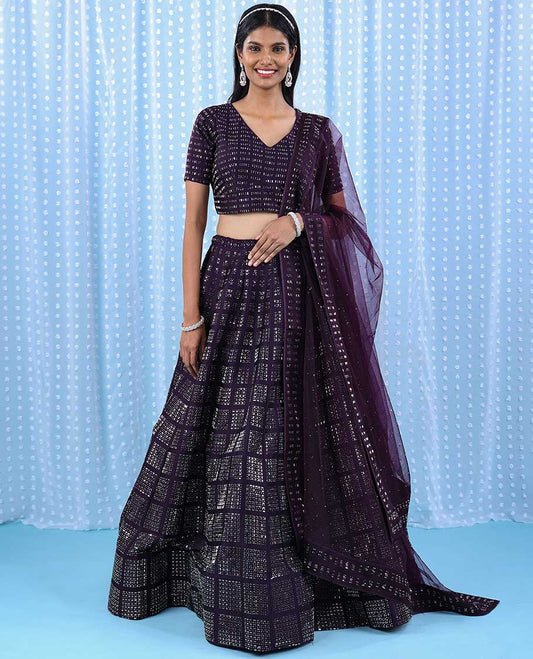 Purple georgette readymade lehenga, checked deisgn skirt in square & round shape stone & v-necked stone work crop top